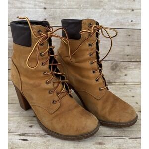 Timberland Womens Size 7.5 Brown Leather Lace Up Heeled Ankle Fashion Boots